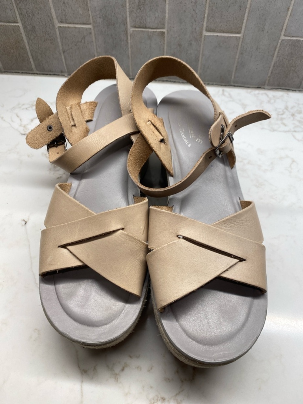 Kork-Ease Leather Sandals Boho Minimalist Crisscross Ankle Strap Beige Size 8